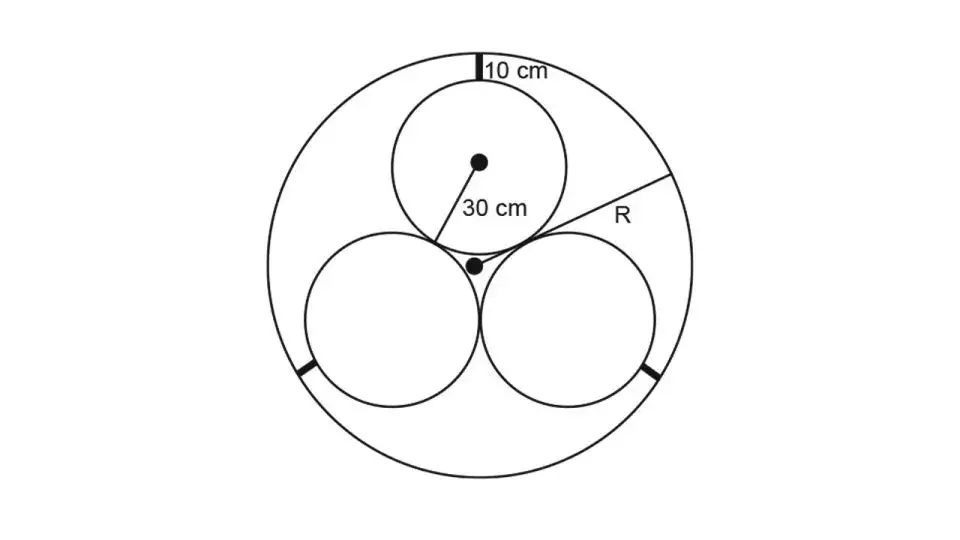 Em um sistema de dutos, três canos iguais, de raio externo 30 cm, são soldados entre si e colocados dentro de um cano de raio maior, de medida R. Para posteriormente ter fácil manutenção, é necessário haver uma distância de 10 cm entre os canos soldados e o cano de raio maior.   Em um sistema de dutos, três canos iguais, de raio externo 30 cm, são soldados entre si e colocados dentro de um cano de raio maior, de medida R. Para posteriormente ter fácil manutenção, é necessário haver uma distância de 10 cm entre os canos soldados e o cano de raio maior.